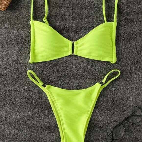 NEW Bright Neon Green Sexy Tiny Ribbed Bikini Swim Set Size Large - Picture 2 of 9
